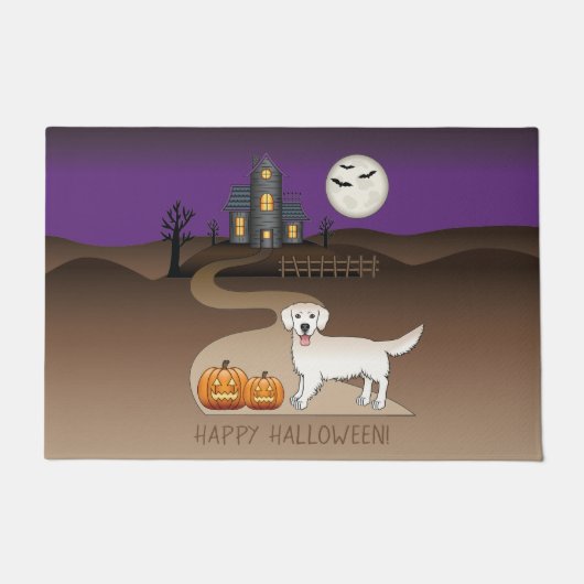 Cream Golden Retriever en Halloween Haunted House Deurmat (Voorkant)