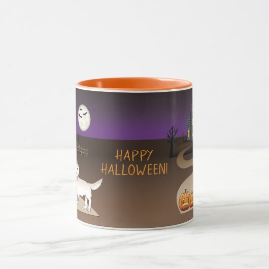 Cream Golden Retriever en Halloween Haunted House Mok (Midden)