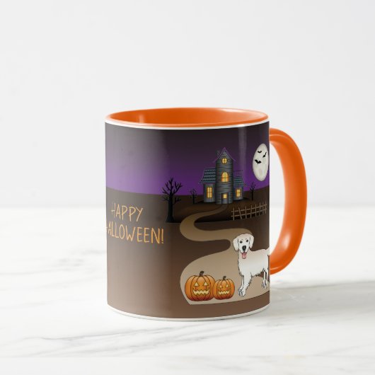 Cream Golden Retriever en Halloween Haunted House Mok (Voorkant rechts)