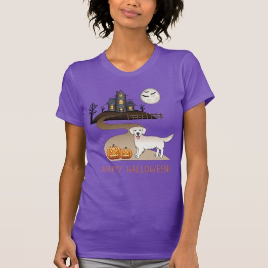 Cream Golden Retriever en Halloween Haunted House T-shirt (Voorkant)
