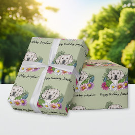 Cream Golden Retriever Floral Happy Birthday Green Cadeaupapier