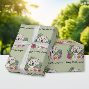 Cream Golden Retriever Floral Happy Birthday Green Cadeaupapier