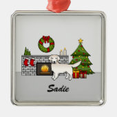 Cream Golden Retriever in feestkamer en naam Metalen Ornament (Voorkant)