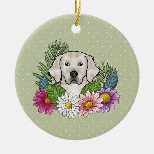 Cream Golden Retriever Kleurrijke bloemen en naam Keramisch Ornament (Voorkant)