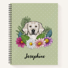 Cream Golden Retriever Kleurrijke bloemen en naam Notitieboek