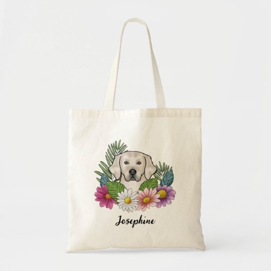Cream Golden Retriever Kleurrijke bloemen en naam Tote Bag (Voorkant)