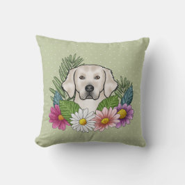Cream Golden Retriever Kleurrijke Bloemen Groen Kussen