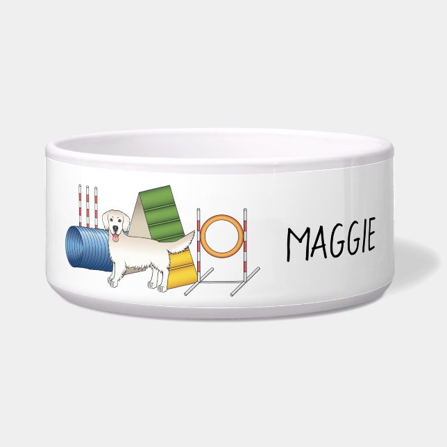 Cream Golden Retriever met behendigingsapparatuur Voerbakje (Voorkant)