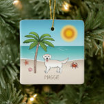 Cream Golden Retriever op een tropisch zomerstrand Keramisch Ornament<br><div class="desc">Destei's originele cartoon illustratie van een schattige Engelse roomkleurige goudkoortsriever die in een tropische zomerstrandscène staat. Op het beige kleurzand is er een palmboom, een roze riem samen met een zeester en een rode krab. Het water is turkooisblauw met wat golven en de zon schijnt boven de horizon. Er is...</div>