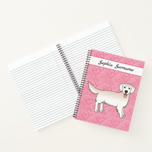 Cream Golden Retriever op roze harten en tekst Notitieboek (Binnen)