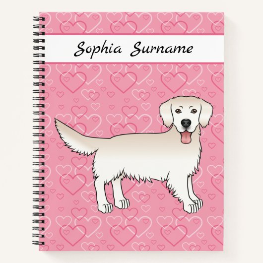 Cream Golden Retriever op roze harten en tekst Notitieboek (Voorkant)