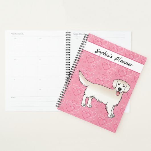 Cream Golden Retriever op roze harten en tekst Planner (Display)
