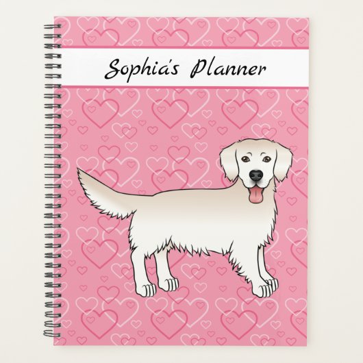 Cream Golden Retriever op roze harten en tekst Planner (Voorkant)