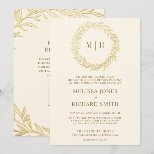 Cream Gouden Blad Tak QR Code Trouwen Kaart (Voorkant / Achterkant)