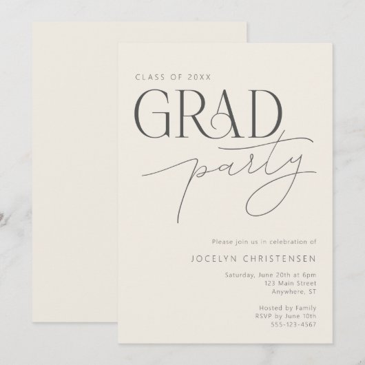 Cream Gray Modern Typography Grad Party Invitation Kaart (Voorkant / Achterkant)