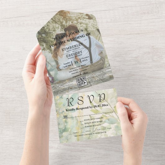 Cream Green Eucalyptus Botanical QR Code All In One Uitnodiging (Afscheurbaar)