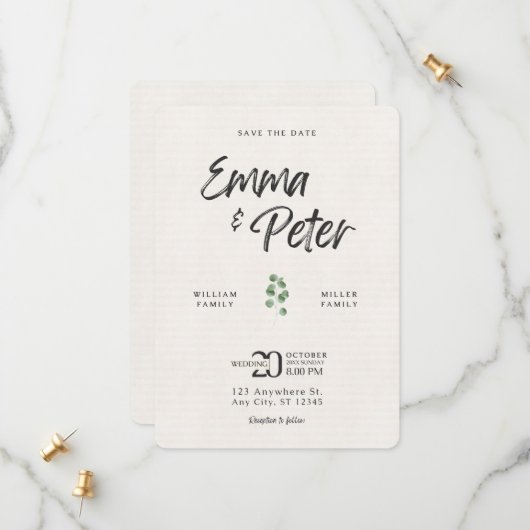 Cream Green Leafed Modern Save the Date Kaart (Voorkant / Achterkant in situ)