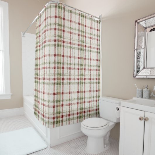 Cream Green Red Plaid Stripes Douchegordijn (In situ)