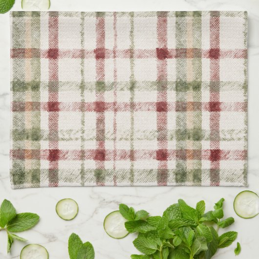 Cream Green Red Plaid Stripes  Theedoek (Gevouwen)