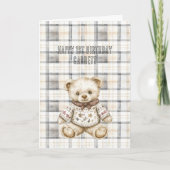 Cream Grey Plaid Stripes Teddy Bear Birthday Kaart (Voorkant)