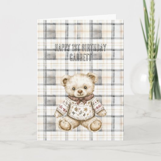 Cream Grey Plaid Stripes Teddy Bear Birthday Kaart (Voorkant)