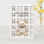 Cream Grey Plaid Stripes Teddy Bear Birthday Kaart (Gele Bloem)