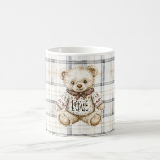 Cream Grey Plaid Stripes Teddy Bear Love Koffiemok (Center)