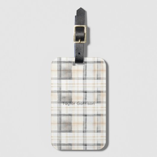 Cream Grey Yellow Plaid Stripes Bagagelabel (Voorkant (verticaal))