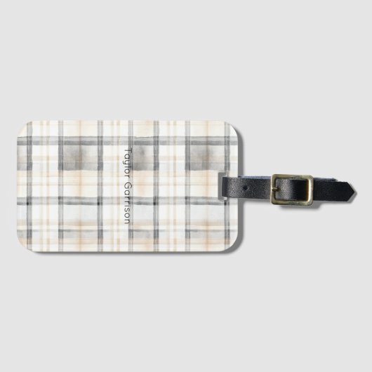 Cream Grey Yellow Plaid Stripes Bagagelabel (Voorkant (horizontaal))