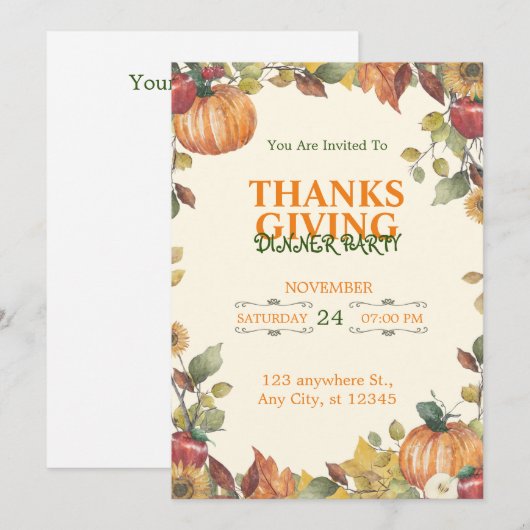 Cream Groen en Sinaasappel Modern Thanksgiving Din Kaart (Voorkant / Achterkant)