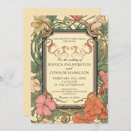 Cream Groene  Bloemenbruiloft Kaart (Voorkant / Achterkant)