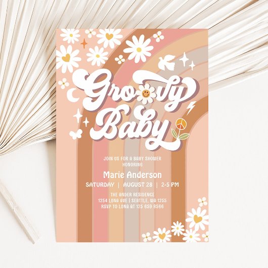 Cream Groovy Baby Hippie Retro Baby shower Kaart