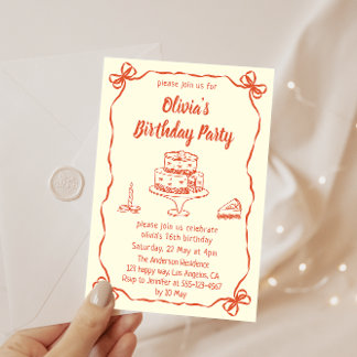 Cream Hand-Drawn Cake & Ribbon Border Birthday  Kaart