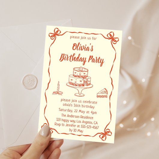 Cream Hand-Drawn Cake & Ribbon Border Birthday  Kaart