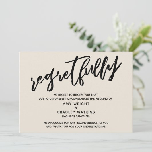 Cream-handschrift geannuleerd bruiloft kaart (Staand voorkant)