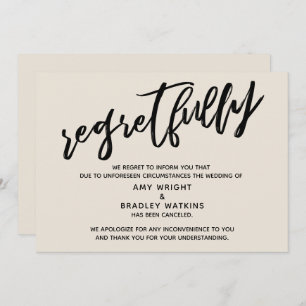 Cream-handschrift geannuleerd bruiloft kaart