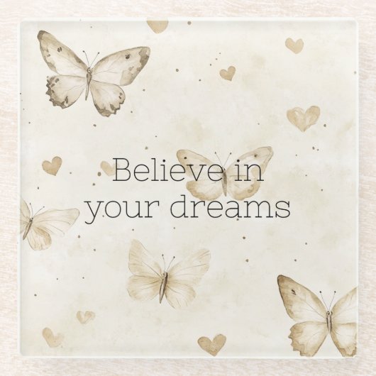 Cream Hearts Butterflies  Glazen Onderzetter (Voorkant)