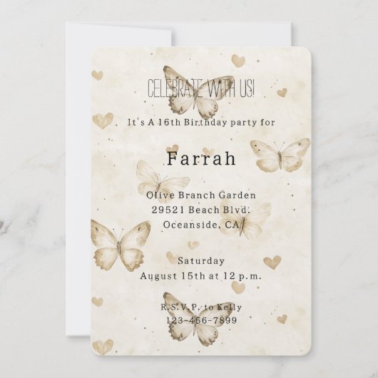 Cream Hearts Butterflies Gold Glitter Birthday Kaart (Voorkant)