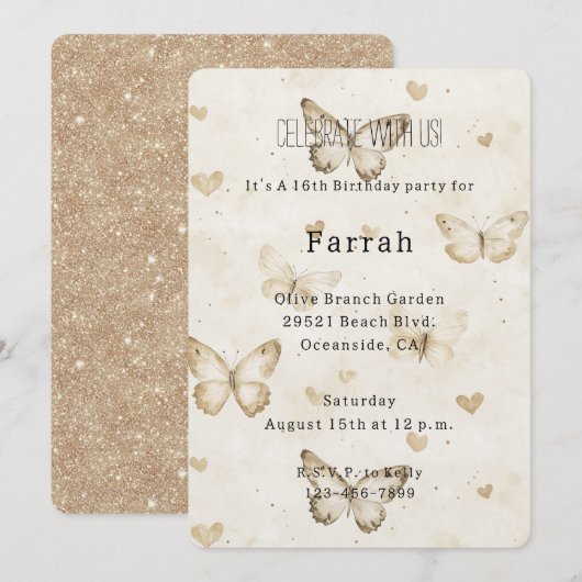 Cream Hearts Butterflies Gold Glitter Birthday   Kaart (Voorkant / Achterkant)