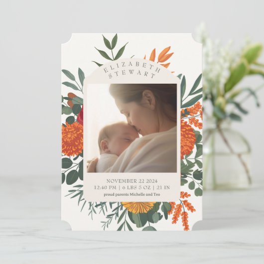 Cream Herfst Floral 2 Foto Aankondiging Geboorte (Staand voorkant)