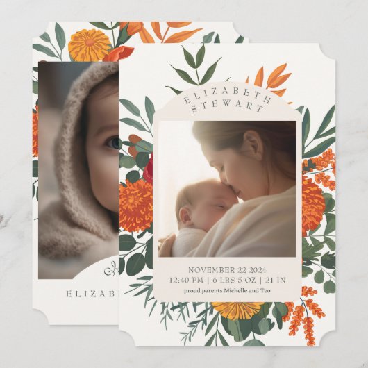 Cream Herfst Floral 2 Foto Aankondiging Geboorte (Voorkant / Achterkant)