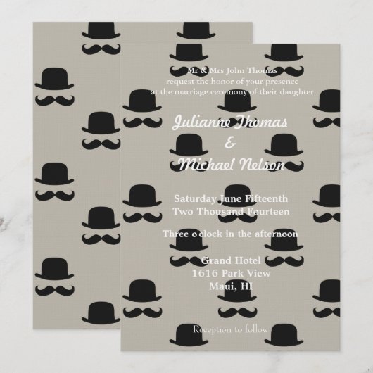 Cream Hipster Petten en snorren bruiloft Kaart (Voorkant / Achterkant)