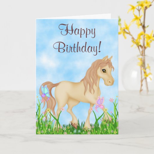  Cream Horse en Butterflies Happy Birthday Kaart (Gele Bloem)