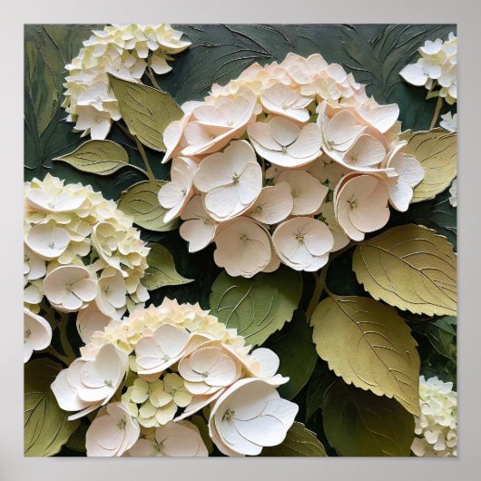 Cream Hydrangeas with Textured Leaves Poster (Voorkant)