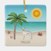 Cream Italiaanse Greyhound bij tropische zomerstra Keramisch Ornament (Voorkant)