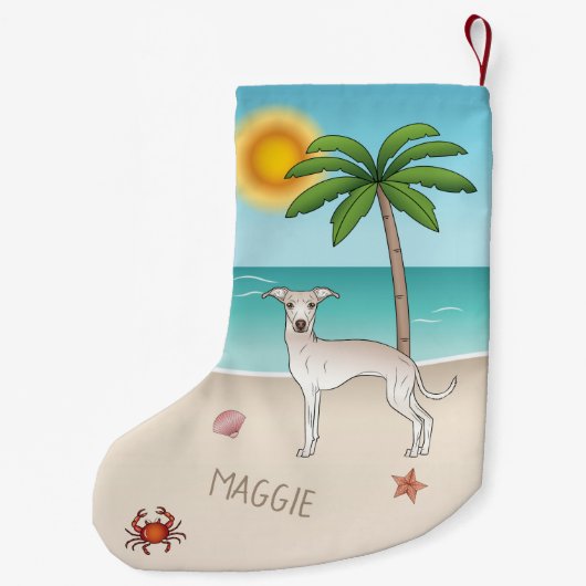Cream Italiaanse Greyhound bij tropische zomerstra Kleine Kerstsok (Achterkant)
