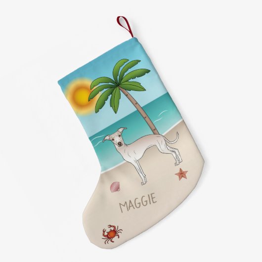 Cream Italiaanse Greyhound bij tropische zomerstra Kleine Kerstsok (Achterkant (Hangend))