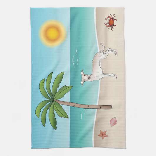 Cream Italiaanse Greyhound bij tropische zomerstra Theedoek (Verticaal)