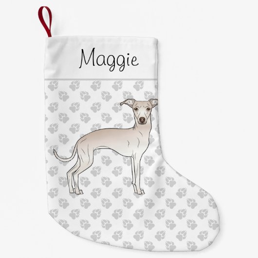 Cream Italiaanse Greyhound Dog met aangepaste naam Kleine Kerstsok (Voorkant)