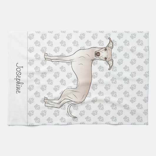 Cream Italiaanse Greyhound met aangepaste naam Theedoek (Horizontaal)
